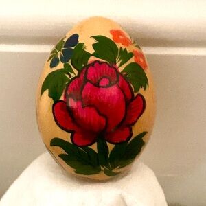 Vintage USSR Folk Art Birch Wood Egg With Hand Painted Rose 1990